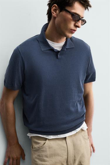 WASHED TEXTURED KNIT POLO SHIRT - Blue / Indigo by Zara - Image 5