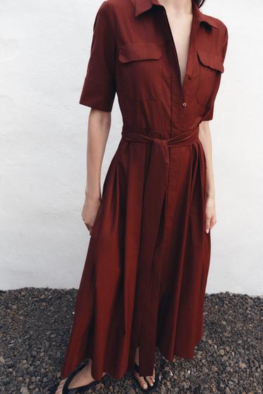Zara ZW COLLECTION POPLIN SHIRT DRESS - Maroon