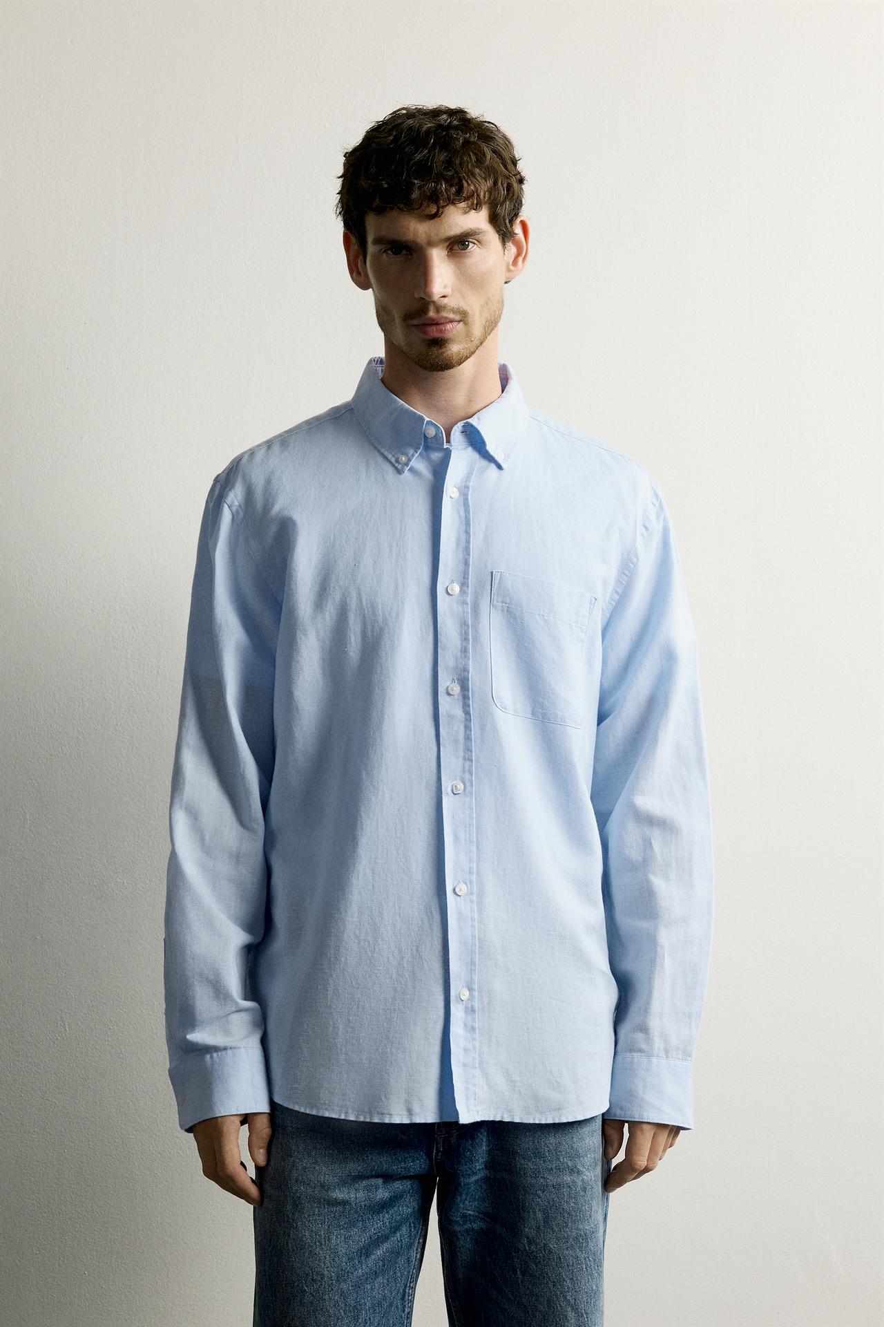 LINEN COTTON BLEND REGULAR FIT SHIRT — Sky blue