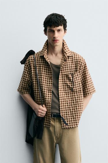 Zara TEXTURED PLAID SHIRT - Ecru / Brown