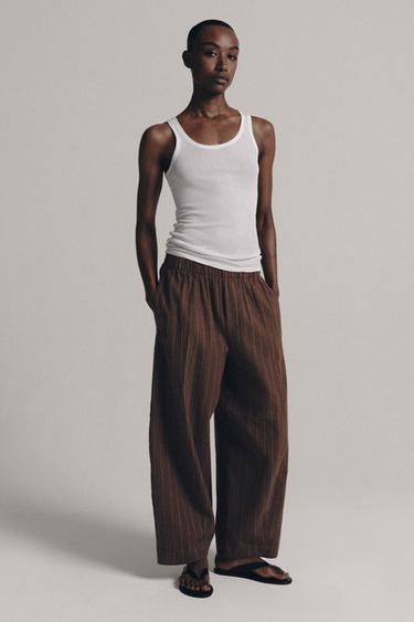 ZW COLLECTION STRIPED LINEN BLEND TROUSERS - Brown by Zara