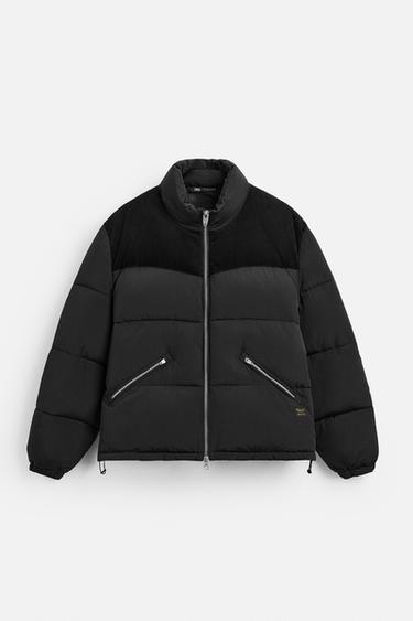 Zara CORDUROY TRIM QUILTED JACKET - Black