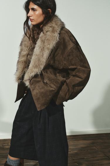 BLOUSON EN CUIR 100% DAIM AVEC EFFET FOURRURE - Kaki de Zara - Image 2