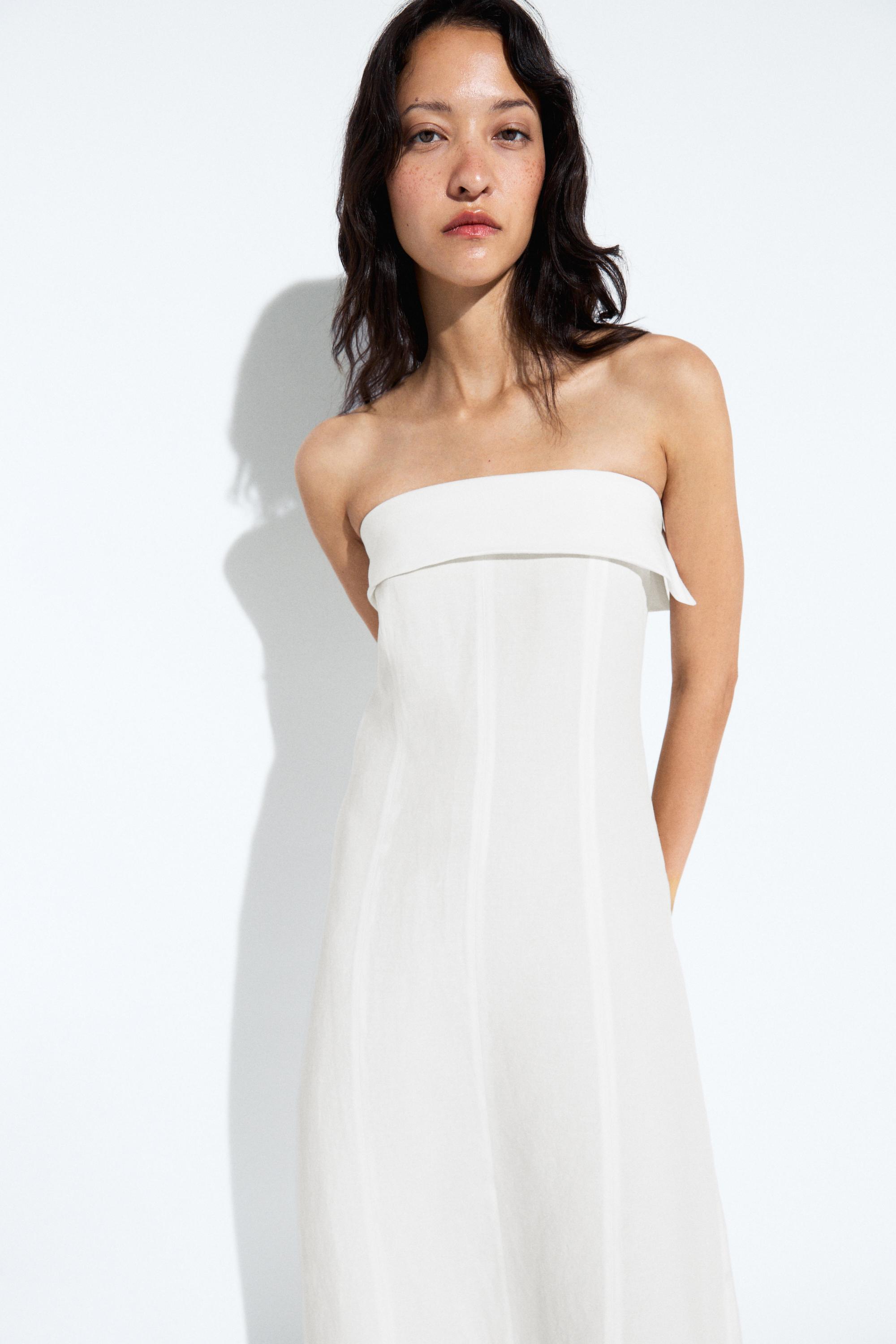 Linen strapless midi dress — White