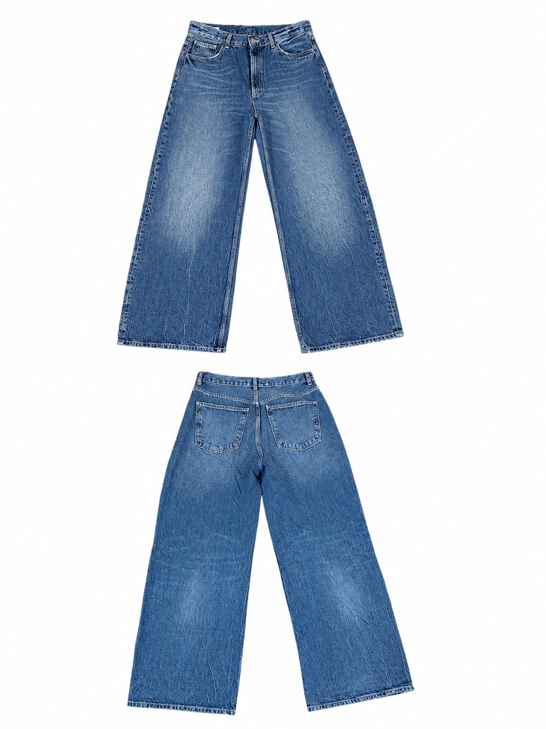 Front and back view of a pair of blue wide-leg jeans with a washed effect on a white background.