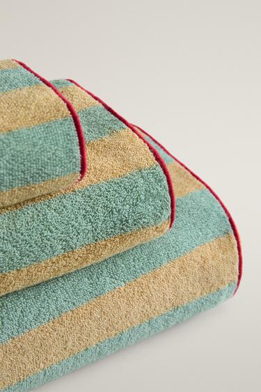 STRIPED TOWEL WITH TOPSTITCHING — Ecru / Green 2