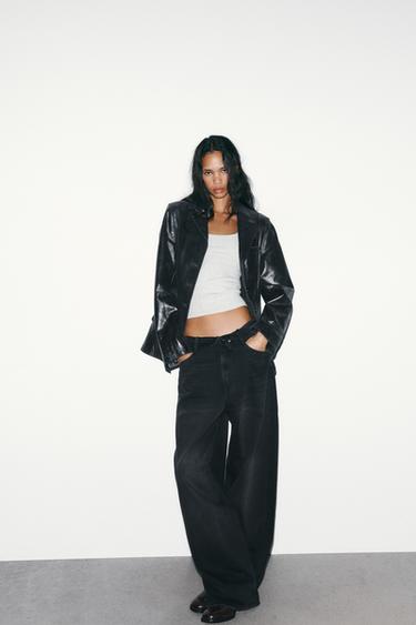 TRF MID-WAIST FOLDED WAIST JEANS - Black by Zara