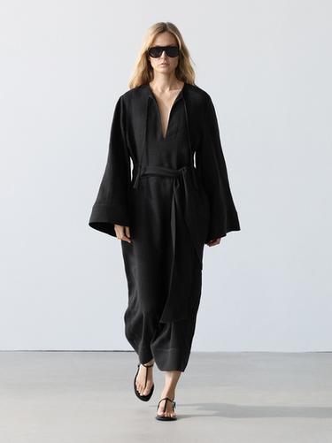 Robe midi 100 % lin à détails noués - Noir de Zara - Image 0