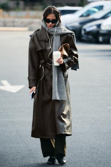FAUX LEATHER LONG TRENCH COAT — Dark brown 1