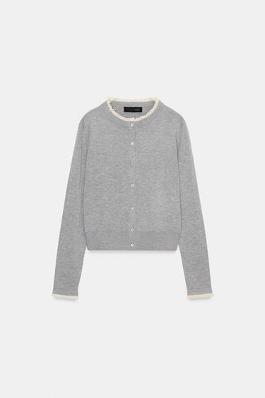 Zara LACE TRIM CARDIGAN - Pearl gray