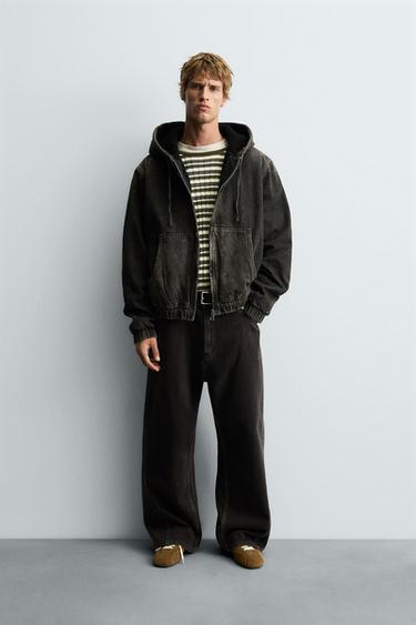 DENIM JACKET WITH FAUX SHEARLING HOODIE - Grey by Zara
