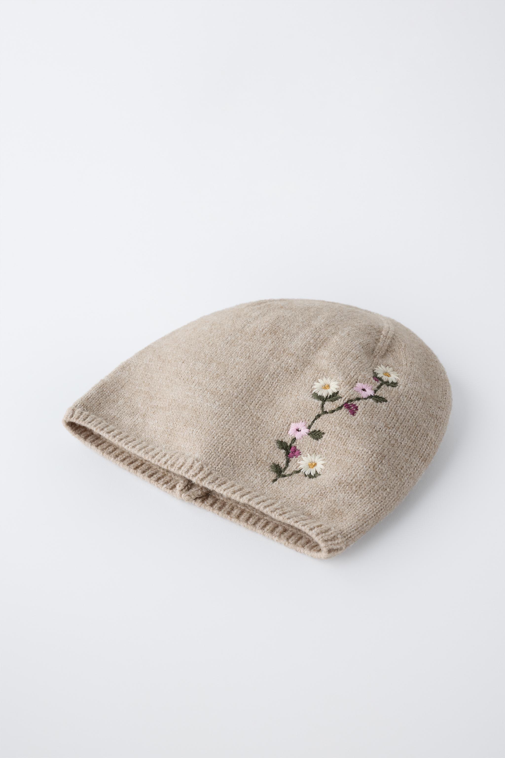 美品 RITSUKOKARITA rich Flower lame beanie EMBROIDERED FLOWER KNIT HAT - Beige | ZARA Turkey