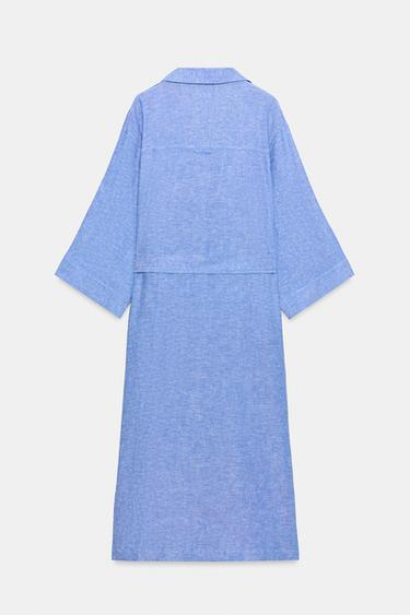 ROBE MI-LONGUE EN LIN AVEC CEINTURE - Bleu de Zara - Image 3