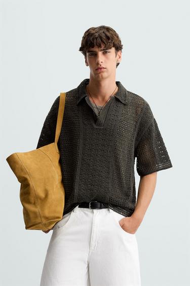 CAMISA POLO ESTRUCTURA CROCHET - Verde gris de Zara