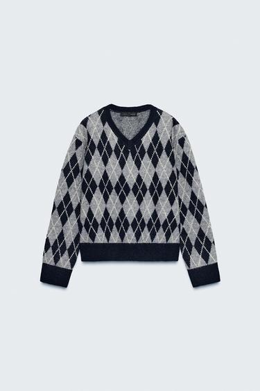 سترة محاكة بنقشة معينات - رمادي / أزرق الخاص بـ Zara