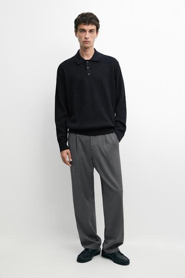 Zara Button-detail polo knit sweater - Navy blue - Image 0