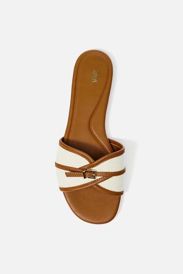BUCKLED FABRIC FLAT SANDALS - Dark tan by Zara