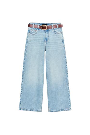 Zara Z.10 CULOTTE HIGH-WAISTED BELTED JEANS - Light blue