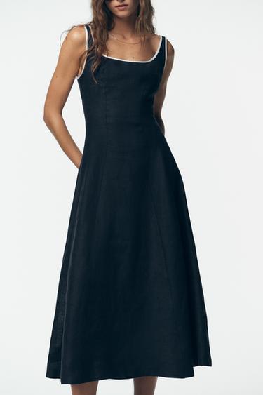 CONTRAST TRIM LINEN MIDI DRESS - Navy blue by Zara - Image 1