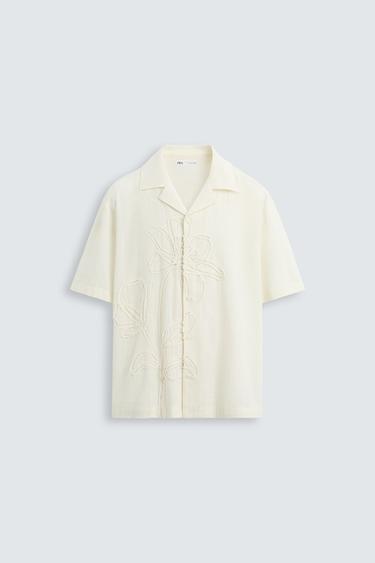 SHIRT WITH FLORAL EMBROIDERY - Oyster-white by Zara