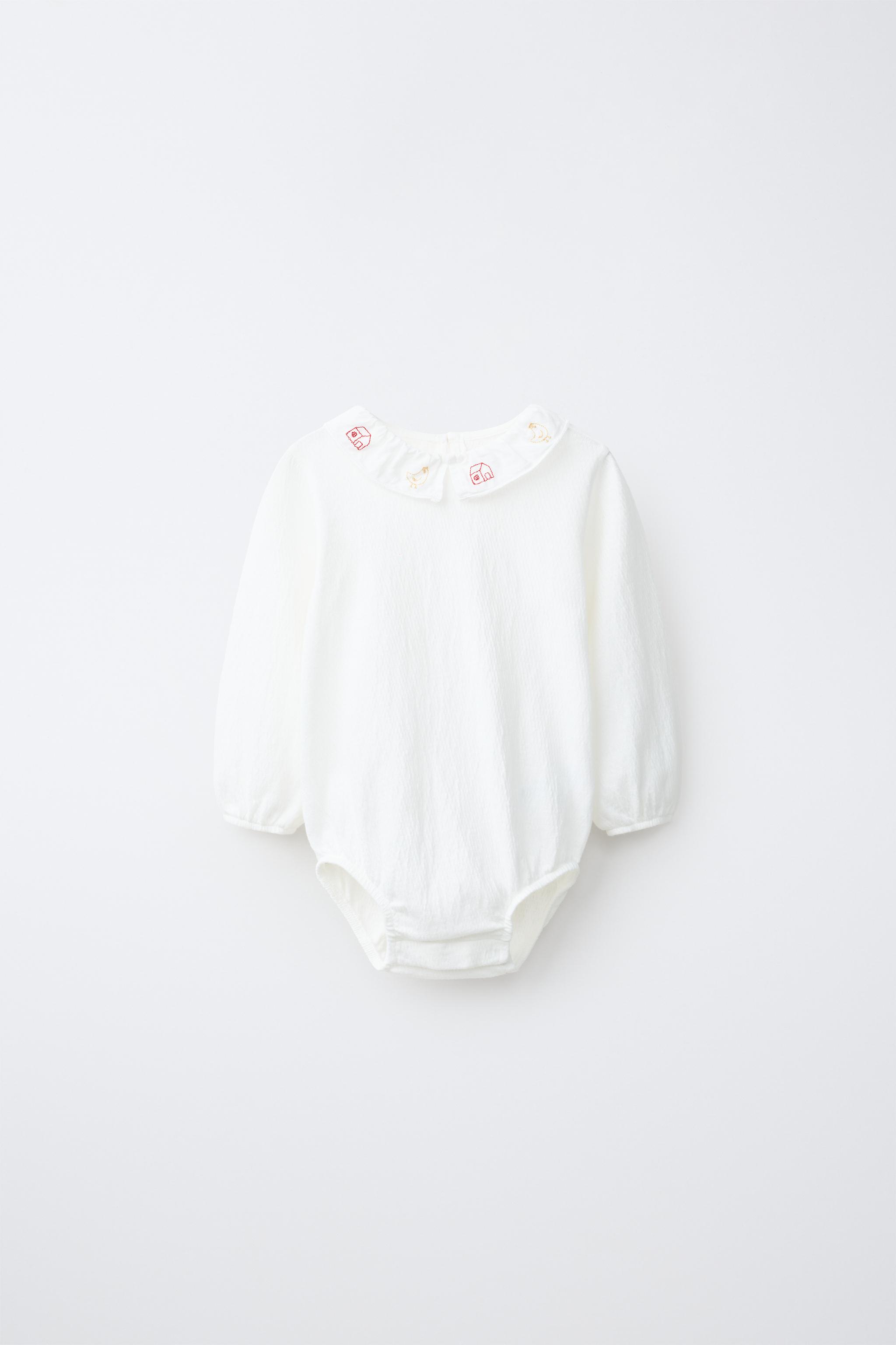 EMBROIDERED COLLAR BODYSUIT — Light ecru