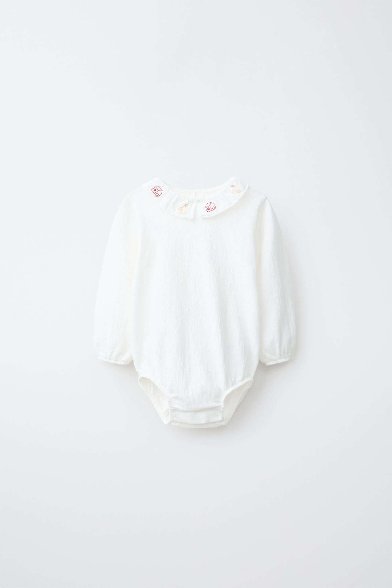 EMBROIDERED COLLAR BODYSUIT — Light ecru