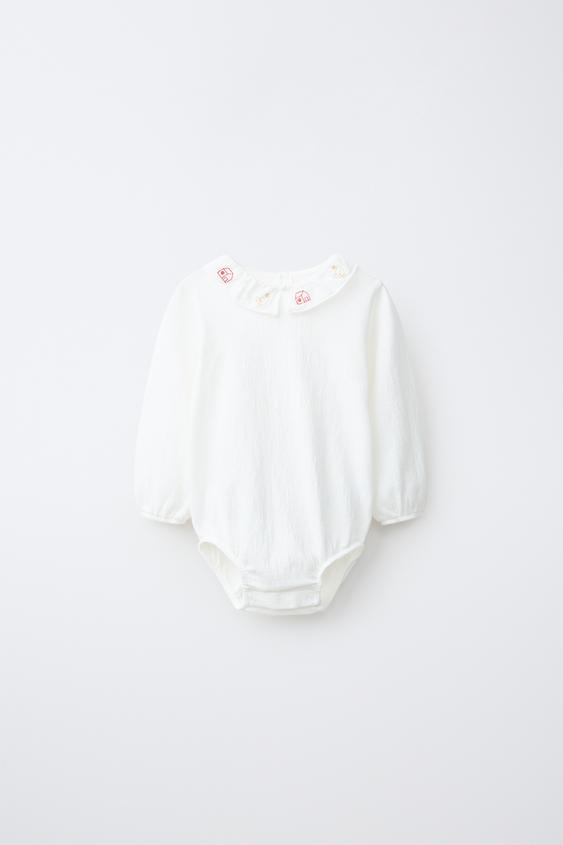 Zara EMBROIDERED COLLAR BODYSUIT - Light ecru - Image 0
