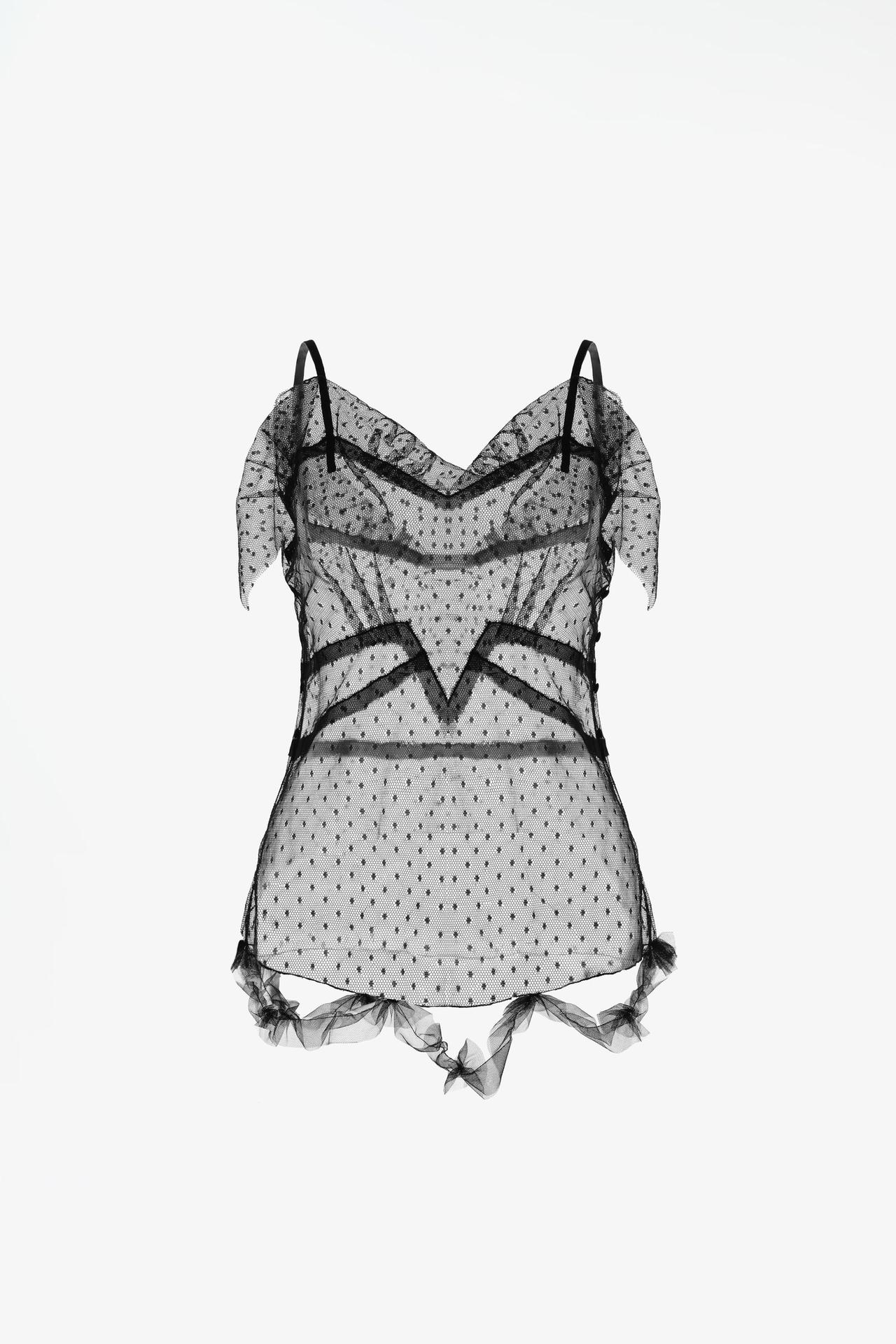 LIMITED EDITION DOTTED MESH RUFFLE TOP — Black