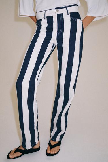 ZW COLLECTION MID-RISE STRIPED STRAIGHT-LEG JEANS - White / Navy by Zara