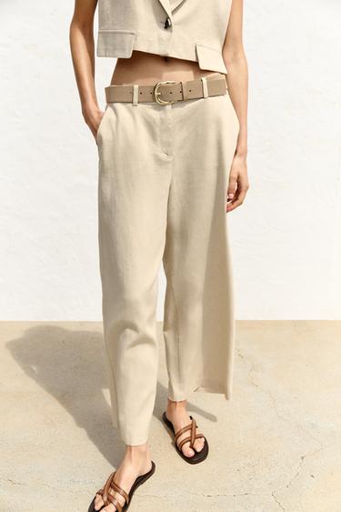 LINEN BLEND CULOTTES WITH BELT - Light beige by Zara - Image 1