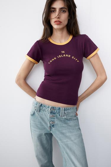 Zara TEXT T-SHIRT - Wine