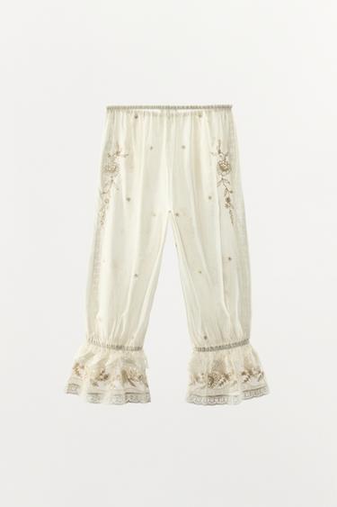TROUSERS WITH RUFFLES, EMBROIDERY AND BEADS - Ecru by Zara - Image 3
