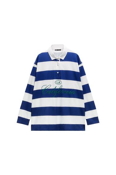 Front view of a blue and white striped polo shirt with the text 'LA California' embroidered on the chest.