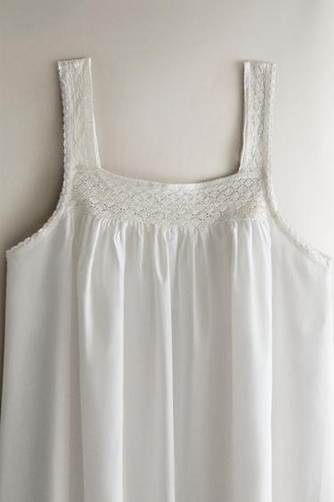 CHEMISE DE NUIT COTON BRETELLES DENTELLE - Blanc de Zara - Image 3