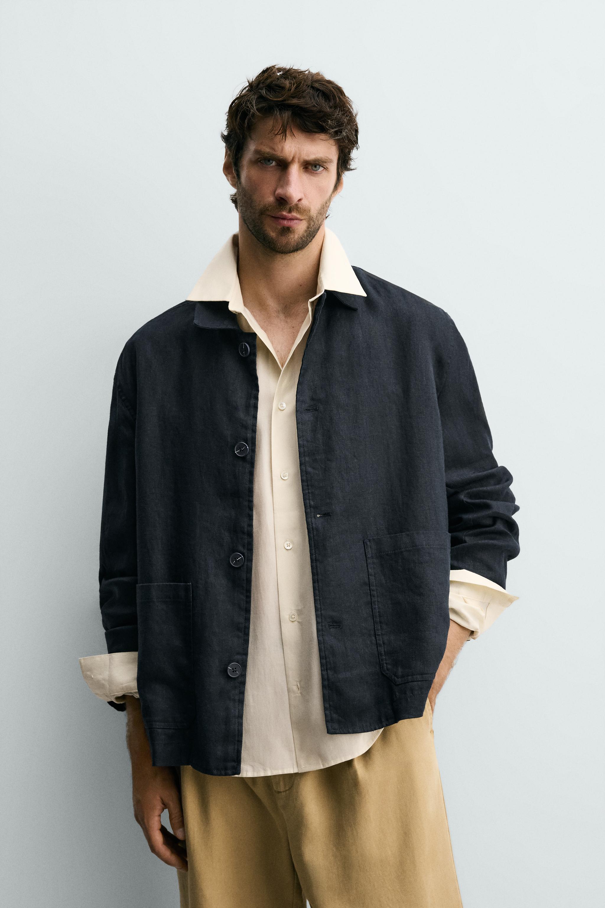 100% LINEN REGULAR FIT OVERSHIRT — Navy blue