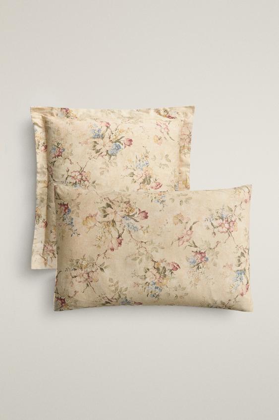 FLORAL SATEEN PILLOWCASE (300 THREAD COUNT) - Beige by Zara - Image 0