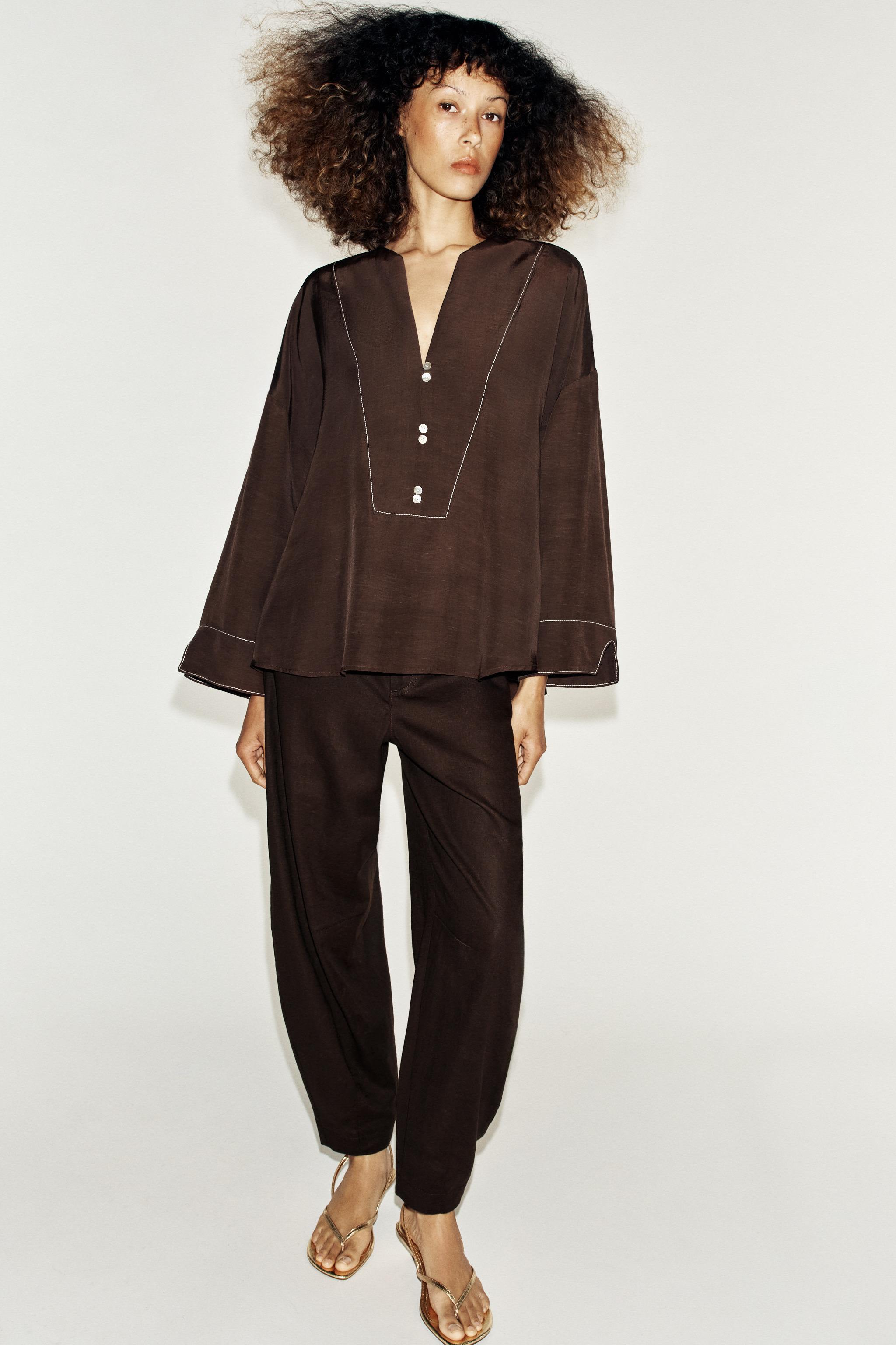 CONTRAST STITCH LINEN SHIRT — Brown