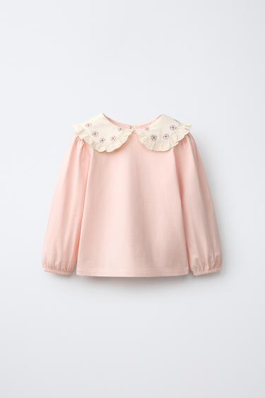 CAMISETA COM GOLA BORDADA - Rosa-claro da Zara - Imagem 0