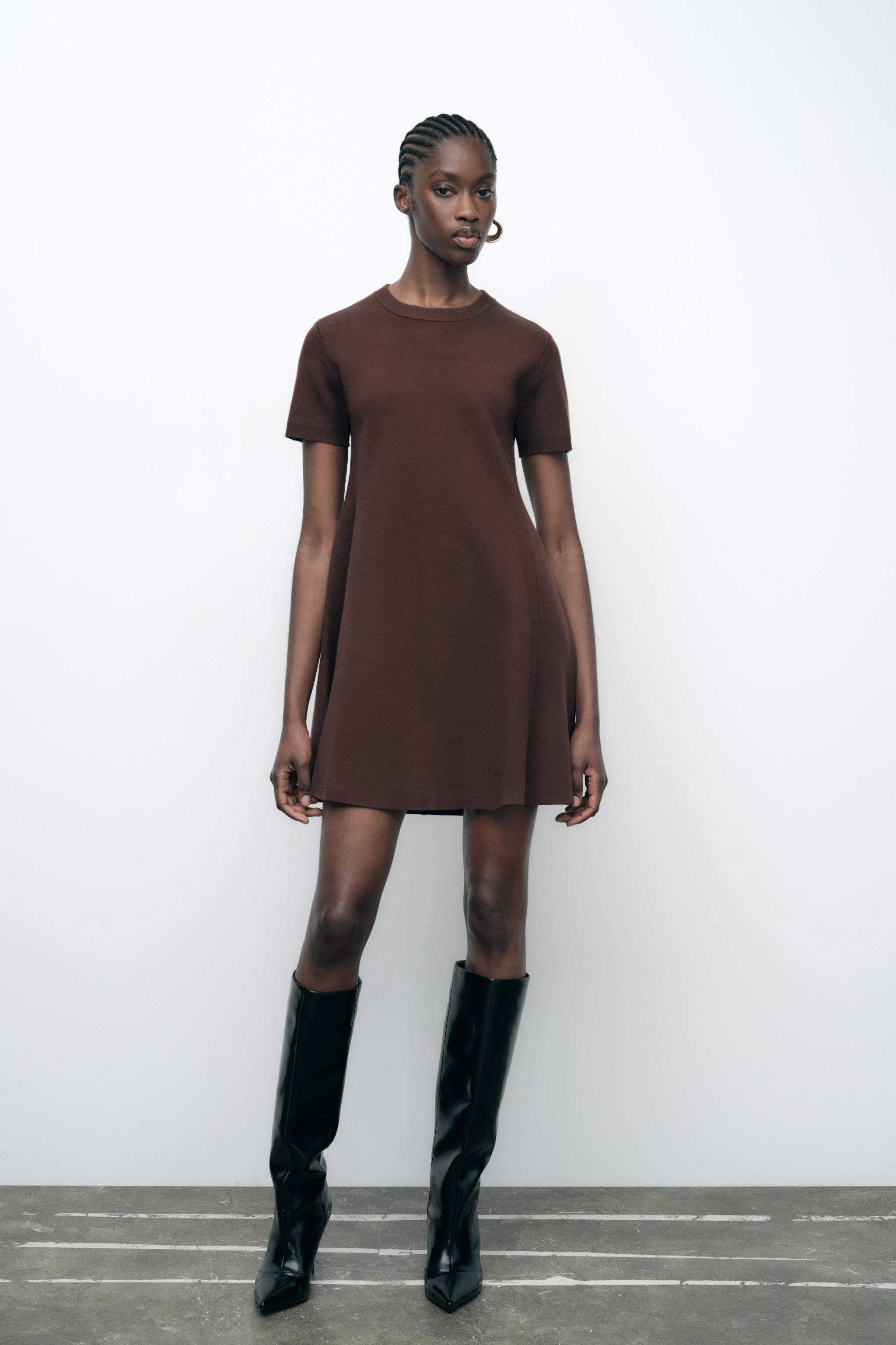 ZARA MOCK NECK SHORT KNIT shops DRESS TAUPE BROWN