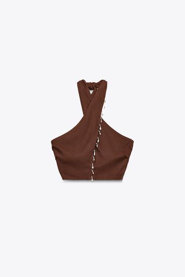 SHELL DETAIL LINEN BLEND HALTER TOP - Terracotta by Zara - Image 0