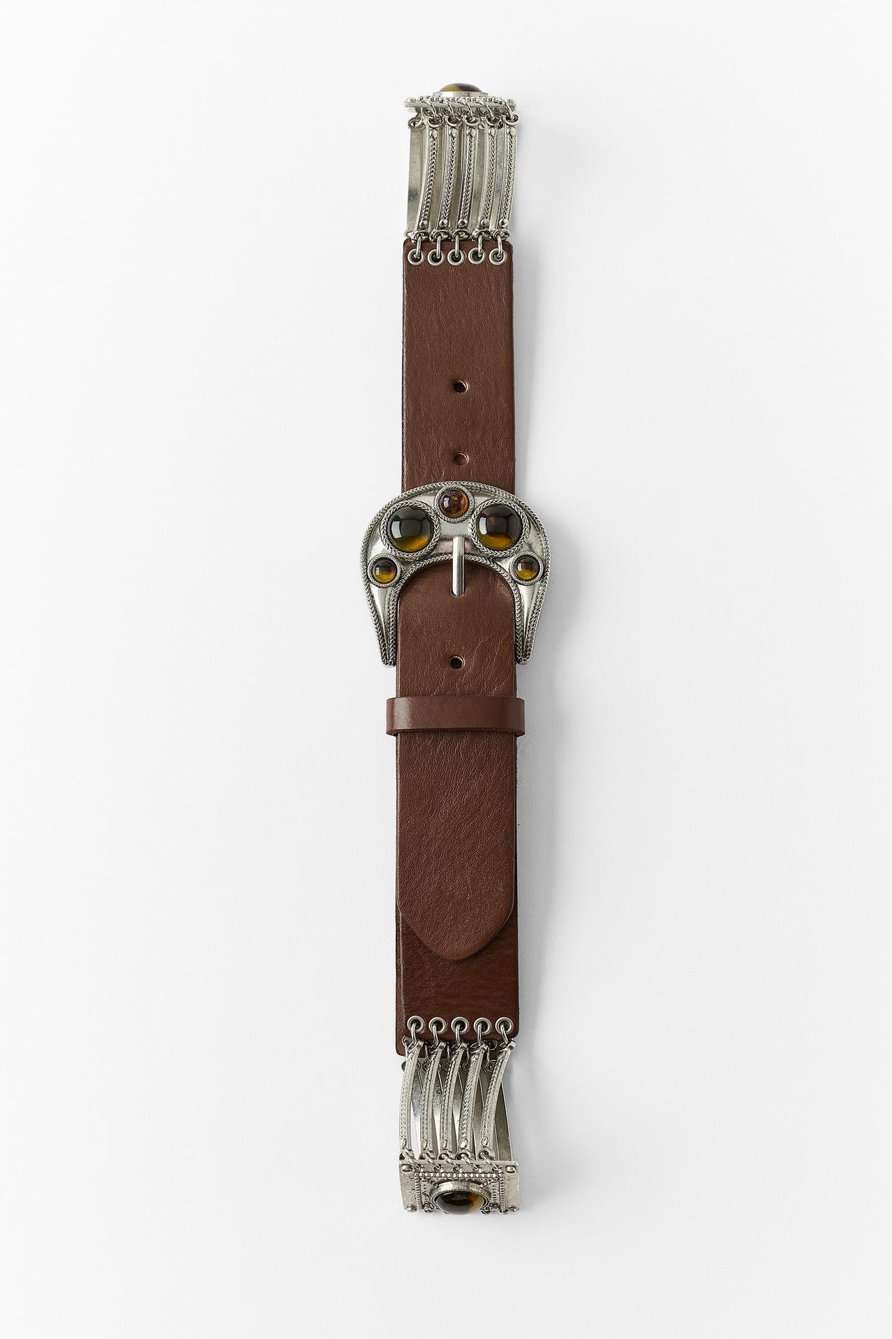 100% LEATHER BELT WITH STONES — Brown