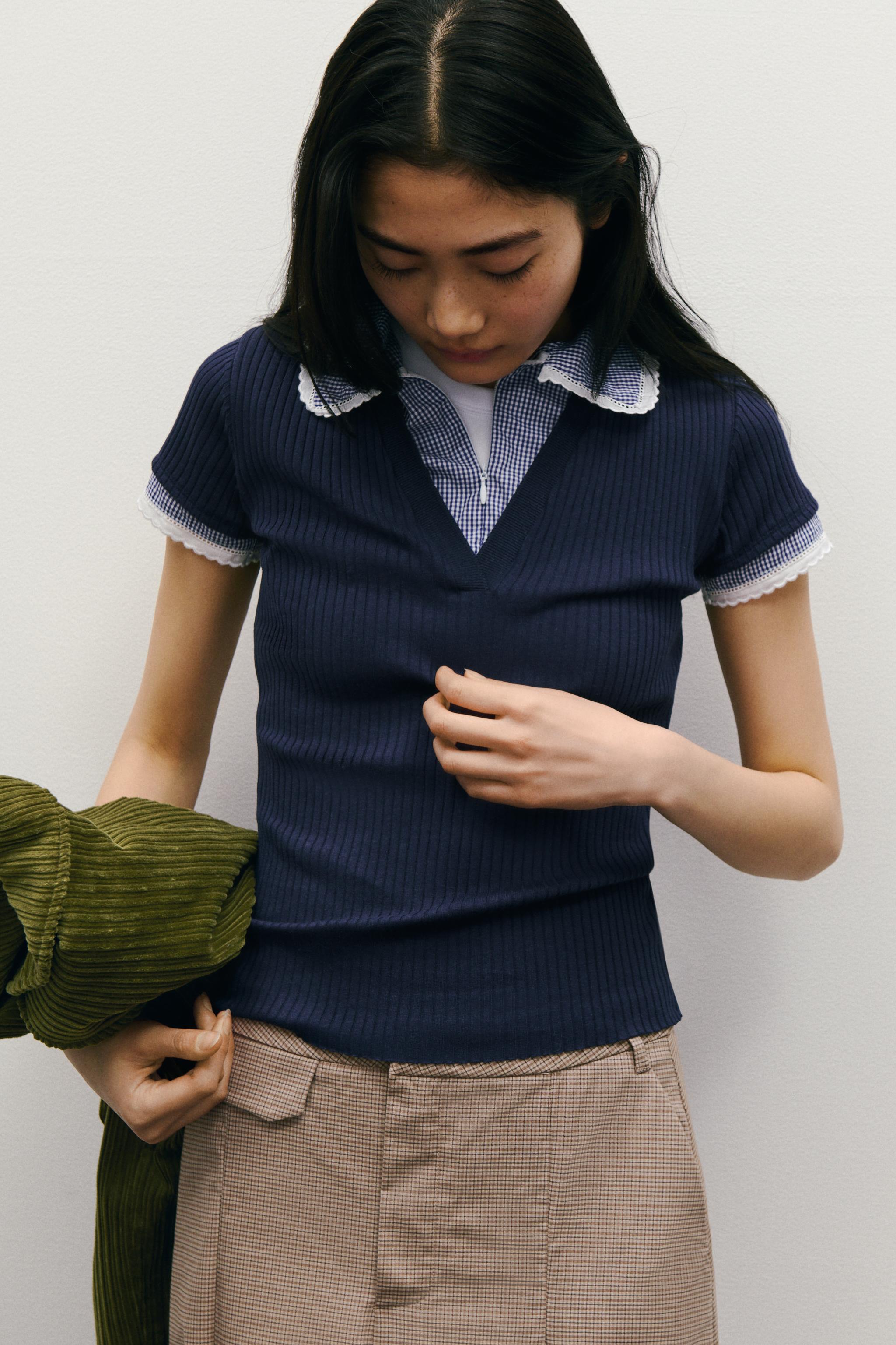 【ZARA】ピーターパンカラー リブ編みTシャツ 0858/307/700 ZARA】ピーターパンカラー リブ編みTシャツ 0858/307/700 (ZARA