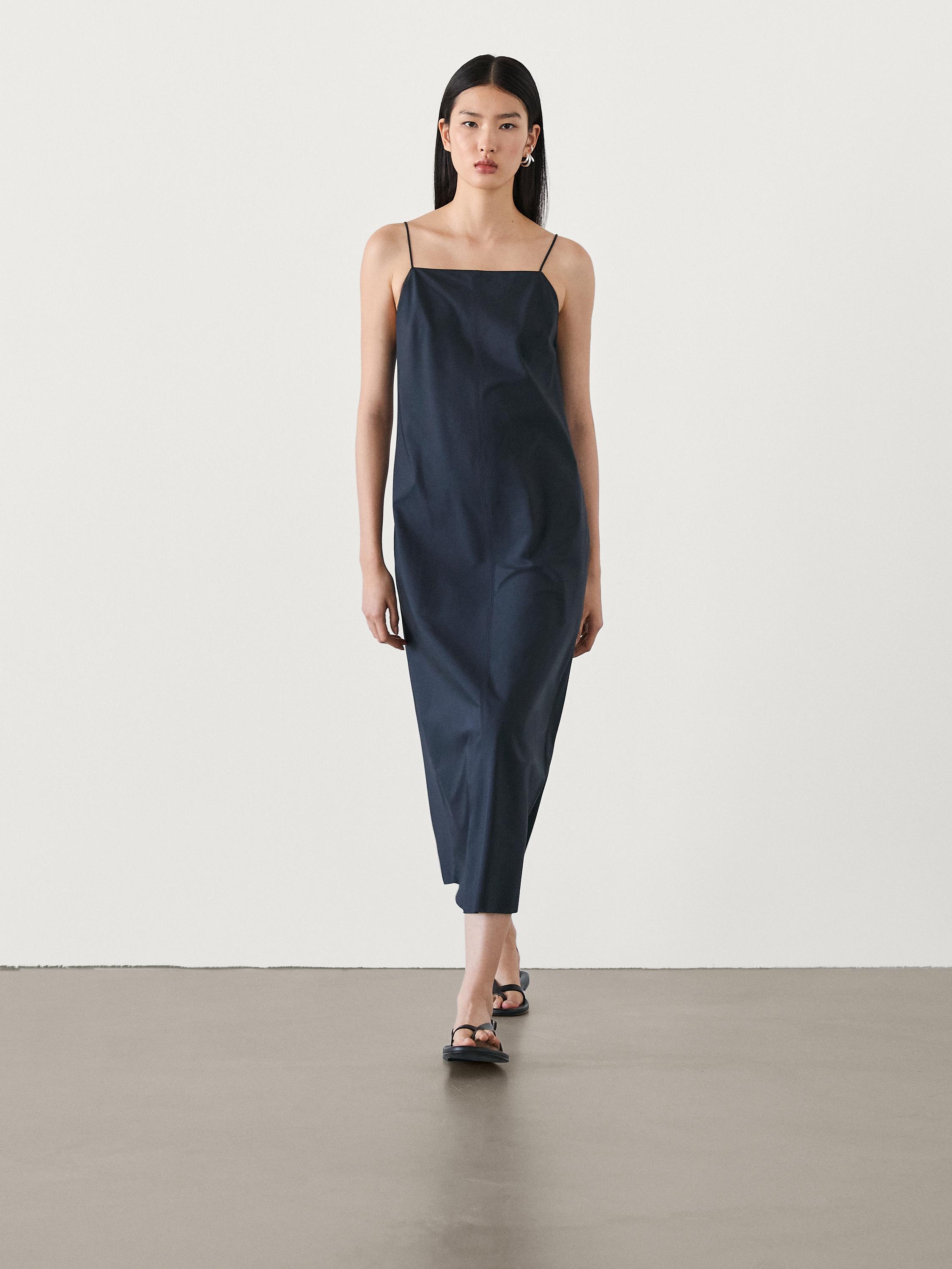 Poplin midi dress with straps - Deep blue | ZARA United States