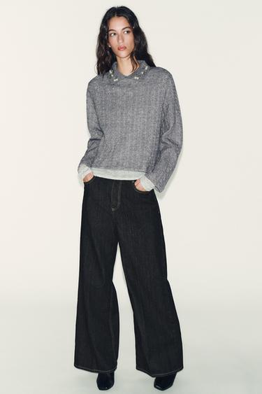 CABLE-KNIT JUMPER WITH JEWEL NECKLINE - Grey marl by Zara - Image 0