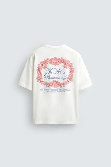 CONTRAST EMBROIDERED PRINT T-SHIRT - Oyster-white by Zara