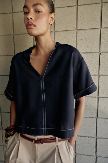 Zara CONTRAST TOPSTITCHED LINEN SHIRT - Navy blue