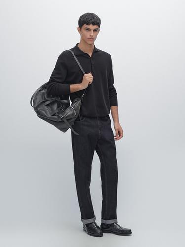 Pull polo en maille de laine et de coton - Bleu marine de Zara