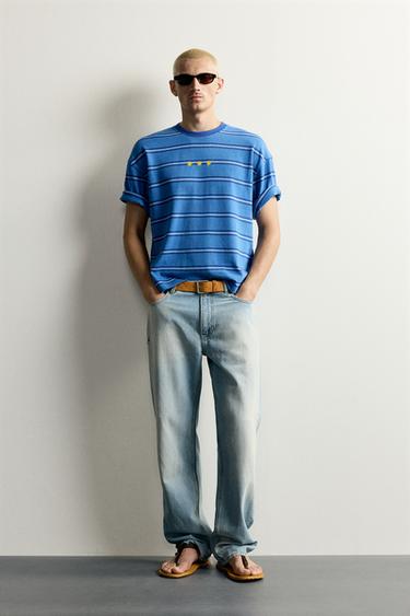STRIPED JACQUARD EMBROIDERED T-SHIRT - Blue / Indigo by Zara - Image 0
