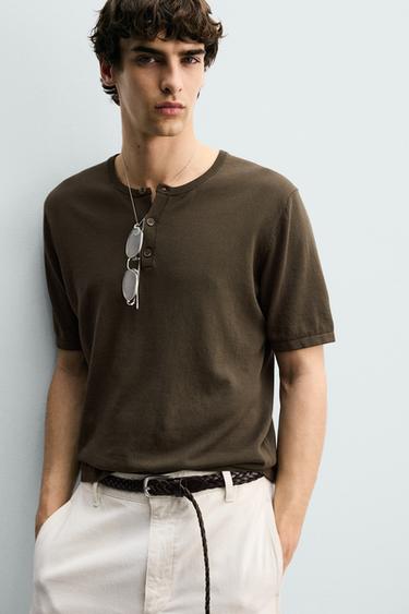 KNIT HENLEY T-SHIRT - Khaki by Zara - Image 5