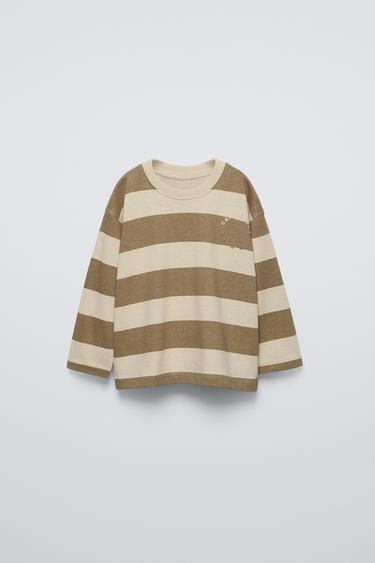 Zara EMBROIDERED STRIPED T-SHIRT - Brown / Taupe